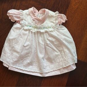 Vintage C. I. Castro Baby Dress Pink Embroidered White Eyelet Lace Pinafore 6 Mo